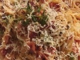 Spagetti med bacon och gröna bönor