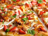 Strawberry balsamic pizza with chicken, sweet onion and applewood bacon