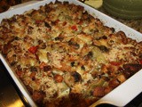 141.6...Savory Italian Vegetable Bread Pudding with Artichokes, Roasted Red Peppers and Mushrooms