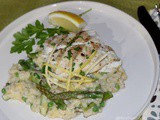 Grilled Halibut with Asparagus, Lemon and Spring Pea Risotto