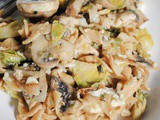 Skillet Pasta with Chicken, Mushrooms, Brussels Sprouts and Goat Cheese