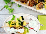 Tandoori Spiced Turkey Meatballs with Zucchini Skewers and Yogurt, Cucumber, Cilantro Sauce