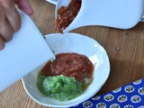 Two tone gazpacho with tomatoes and cucumber, and crunchy salsa