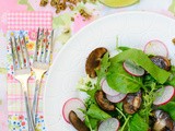 Raw glazed mushrooms with greens