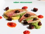 Zeebarbeelfilet met sabayon van mais en puree van zucchini