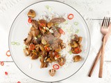Rice with mushrooms, beef and soy sauce