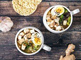 Tofu noodle soup with mushrooms and broccoli