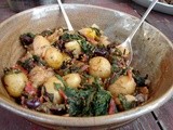Chard, new potatoes, olives and capers; pesto-pearled couscous, and…croquettes