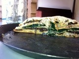 Crepe stack with roasted mushrooms, romesco, spinach, and ricotta