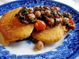 Crispy cornmeal cakes and chard with chickpeas, olives and roasted red peppers
