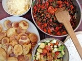 Masa crusted potatoes with smoky red beans and greens, and honey-lime avocado cucumber salsa