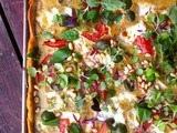 Pistachio tart with goat cheese, brie, fresh mozzarella and smoked paprika crust