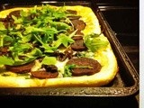 Purple sweet potato, arugula, and olive pizza