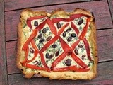 Ricotta chard tart with roasted peppers, olives, and a yeasted cornmeal crust