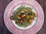 Soba noodles with arugula pecan pesto and sauteed brussels sprouts and castelvetrano olives