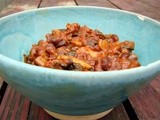 Soba noodles with potatoes, black beans and spinach in red pepper sauce