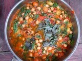 Spicy cherry tomato chickpea stew; oven roasted hash browns