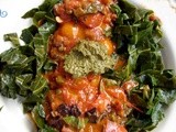 Spicy tomato coconut sauce; smoky basil pesto; collard “fettuccine”