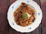 Summer stew with white beans, potatoes, crispy eggplant and basil-pistachio pesto