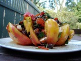 Tomato steaks au poivre; Semolina dumpling baked in tomatoes; roasted red salad stuffed heirloom