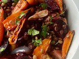 Baked beetroots, celeriac, carrots and green lentils with pomegranate molasses