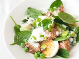 Warm potato, peas and chili tuna salad