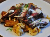 Grilled Steak and Peppered Spaetzle with Black Trumpet Mushrooms and Shallot Marmalade