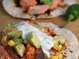 Blackened Salmon Tacos with Corn Salsa and Cilantro-Lime Ranch