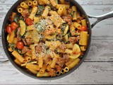 Rigatoni with Turkey Sausage, Tomatoes, and Zucchini + Weekly Menu