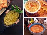 Garlic And Cheese Hummus, Basil Hummus, Roasted Red Pepper Hummus
