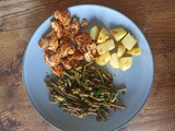 Assiette de midi : pommes de terre sautées, haricots verts et poulet