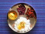 Mangalorean Plated Meal Series - Boshi# 15 - Egg Roce Curry, Thambdi Baji, Karathe Sukhe & Rice