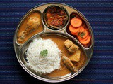 Mangalorean Plated Meal Series - Boshi# 30 - Sheviyo (Stringhoppers), Chicken Curry, Brinjal Fry & Salad