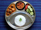 Mangalorean Plated Meal Series - Boshi# 35 - Meatball Curry, Fried Brinjals, Salad & Rice