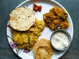 Portion Control Meal Plate :No Onion No Garlic Dal Khichuri, Labra Sabzi, Roasted Papad, Pickle, Wheat Phulka (luci) and Curd