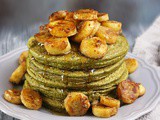 Banana Matcha Oatmeal Pancakes with Cinnamon Cream Bananas