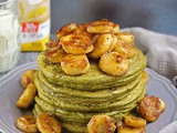 Banana Matcha Oatmeal Pancakes with Cinnamon Cream Bananas