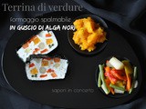 Terrina di verdure con formaggio splamabile in guscio di alga nori con verdure caramellate e zucca allo zenzero