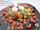 Uova di quaglia e Cipolla d'Egitto caramellata con legumi e verdure