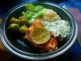 Lachs,Reis,Gurkensalat, Rosenkohlsalat,Joghurtdip