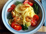 Spaghetti,Bärlauchpesto,Garnelen, Pflücksalat