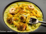 Gnocchi di ricotta e zafferano, crema di zucchine, gamberi e pistacchio