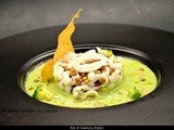Insalata di calamari e lenticchie su crema di broccoletti e gelatina di limone