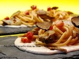 Spaghetti ai carciofi con pancetta, crema di pecorino e tartufo