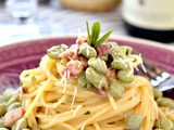 Spaghetti con fave pancetta e pecorino