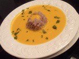 Soupe Vulcano (Soupe carottes à l'orange et au cumin avec sa purée vitelottes)