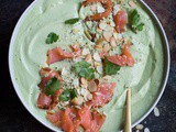 Creamy avocado soup with smoked salmon