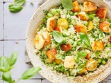 Orzo salad with grilled halloumi and green peas
