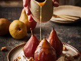 Poached pears with mascarpone and orange caramel sauce