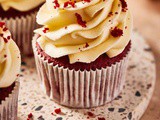 Red velvet cupcakes with white chocolate buttercream frosting
